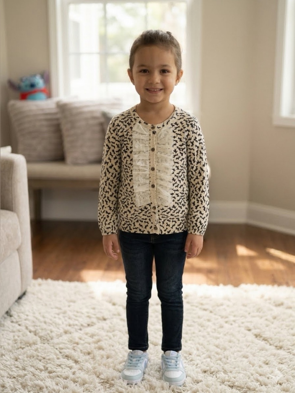 Field flower by anthropology Cream Cardigan with Black Dog Print and Ruffle